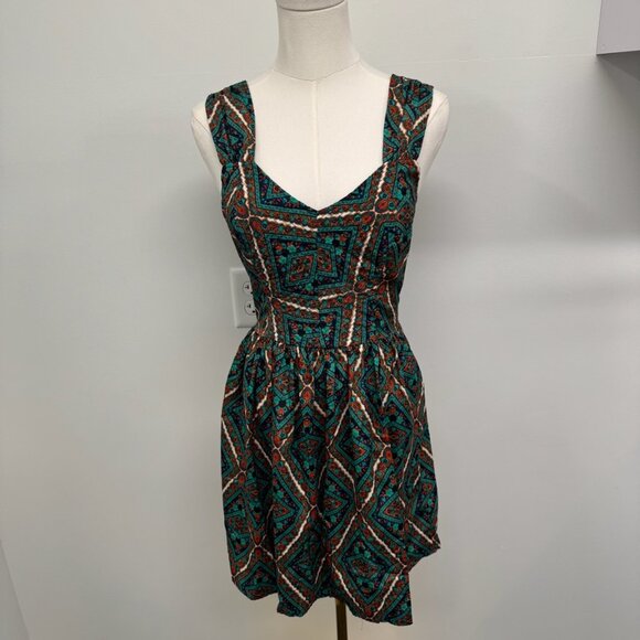 Boho Geometric Print Sleeveless Tie-Back Skater Dress – Size S - Picture 1 of 2
